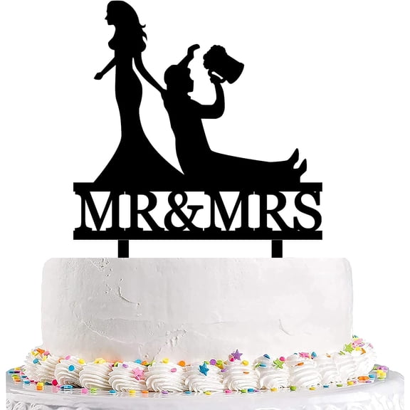 Funny Wedding Cake Topper - Bride Dragging the Groom Who is Drinking Beer Cake Topper, Mr and Mrs Cake Topper(Beer Dragging)