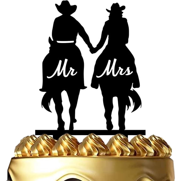 Funny Wedding Cake Topper - Cowboy Groom and Bride Riding Side by Side Holding Hands - Horse Riding Couple Cake Topper, Mr&Mrs Wedding Cake Topper (Horse Couple)