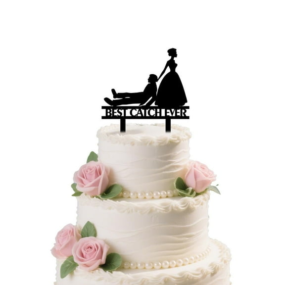 Funny Wedding Cake Topper Cute Wedding Party Decorations Best Catch Ever Cake Topper for Anniversary Bridal Shower Party SuppliesDragging the Groom