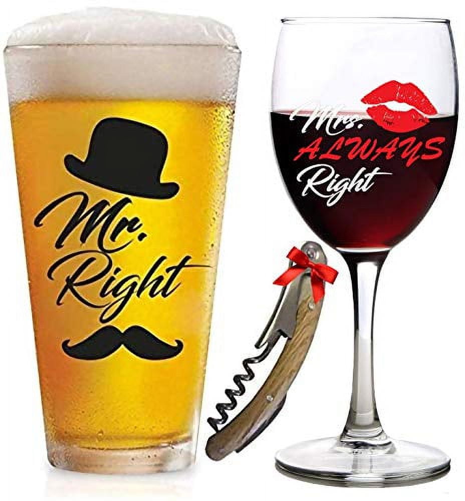 Triple Gifffted Mr Right Mrs Always Right Wine Glasses Gifts For Wedding,  Anniversary, Gift For Engagement, Women, Men, His And Her, Bride Groom, Coup