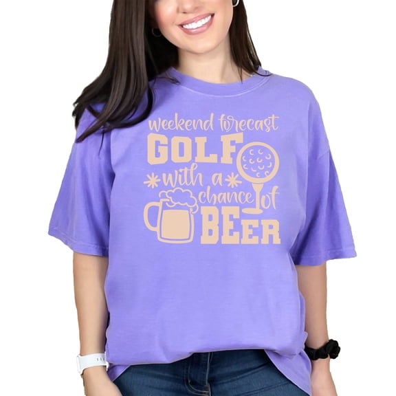 Funny Weekend Forecast Golf With A Chance Of Beer, Violet Comfort Colors T-Shirt, XL