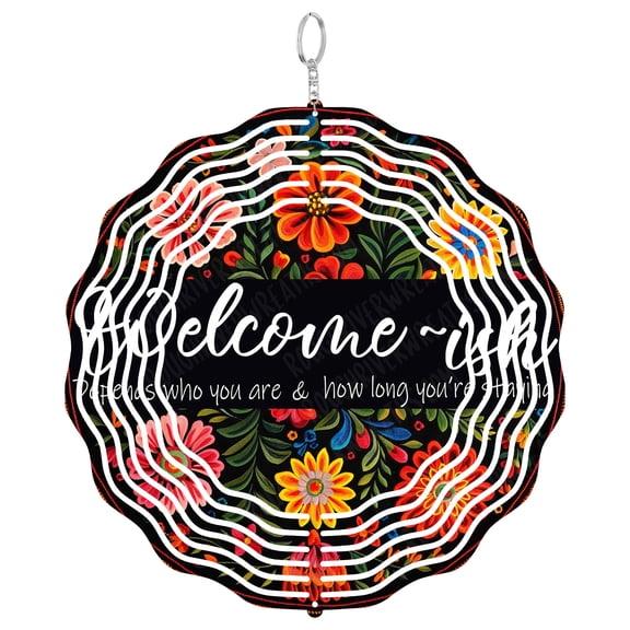 Funny Welcome Floral Wind Spinner Metal Outdoor Decor Mexican Folk Art Vibrant Multi-Color