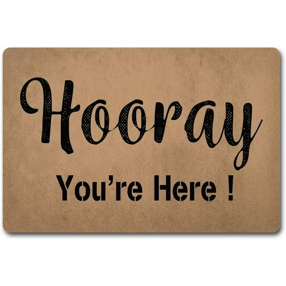 Funny Welcome Outdoor Decor for Front Porch Decor Patio Decor Mats Hooray You're Here Personalized Monogram Kitchen Rugs and Mats with Anti-Slip Rubber Back Novelty Prank Gift Mat(24 x 36 Inches)