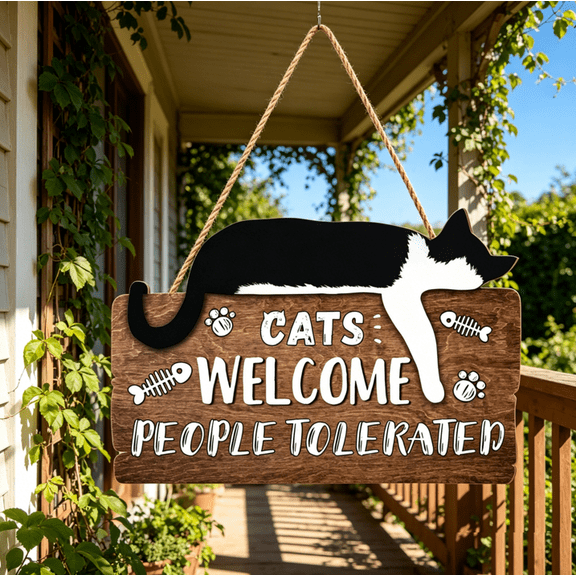 Funny Welcome Sign Cats Welcome People Tolerated Door Sign Black Cat Hanging Wall Sign Cat Gifts for Cat Lovers Funny Cat Plaque for Pet Shop Home Wall Indoor Outdoor Farmhouse Decoration