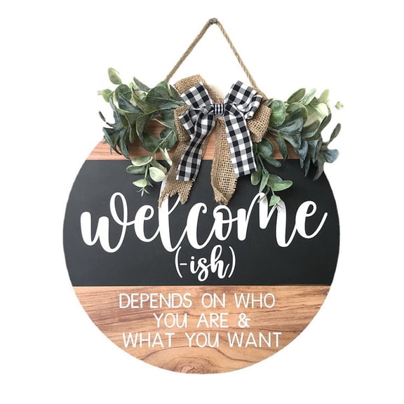 Funny Welcome Sign for Front Door, 11.8" Round Wooden Farmhouse Decor Plaque with Burlap Bow & Greenery