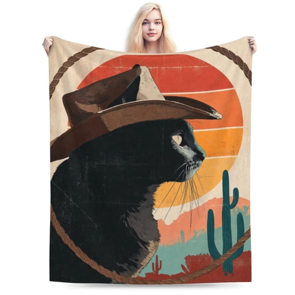 Funny Western Cowboy Black Cat Throw Blanket, Desert Cactus Design, Soft Flannel Fleece, Cozy Rustic Home Decor 50x40
