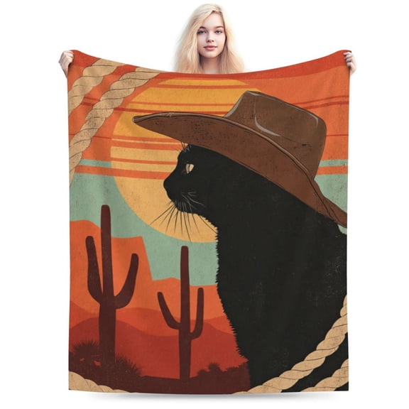 Funny Western Cowboy Black Cat Throw Blanket, Desert Cactus Design, Soft Flannel Fleece, Cozy Rustic Home Decor 60x50
