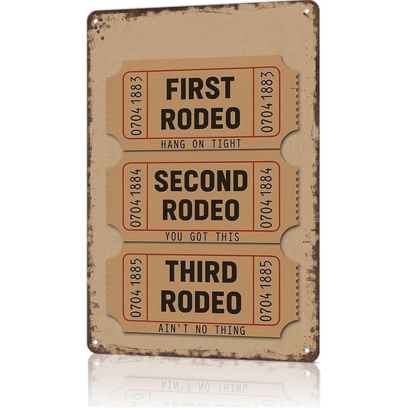 Funny Western Metal Wall Art Sign, First Rodeo Ticket Stub Poster, Boho Tin Sign for Home Office Decor, 8 x 12 Inch, Black