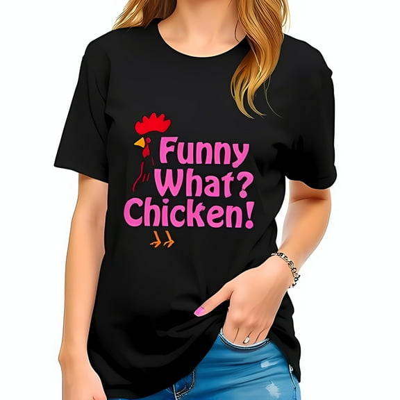 Funny What? Chicken Graphic Cotton Short Sleeve T-Shirt - Cartoon Design in Pink on Black Background