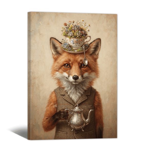 Funny Whimsical Fox Canvas Wall Art Abstract Teacup Hat Suit Picture Prints, Eclectic Animal Artwork Paintings for Living Room Bedroom Bathroom Nursery Home Decor