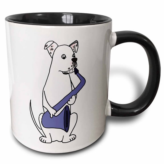 3drose, Funny White American Bulldog Playing Saxophone, 11oz Two-tone Black Mug