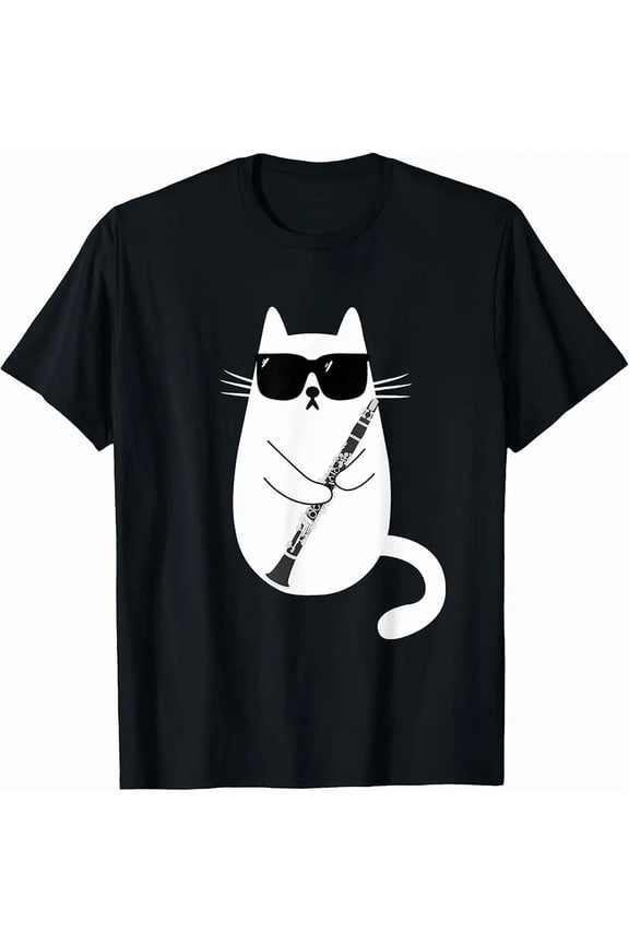 Funny White Cat Clarinet Player Musician Unisex Graphic Short Sleeve T-Shirt