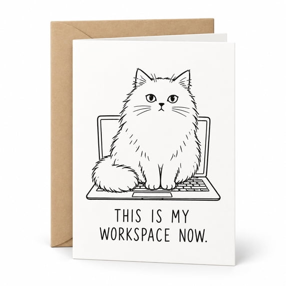 Hand Work Card Funny White Cat Greeting Card, My Workspace Now, Minimal Hand Drawn 5x7 ...