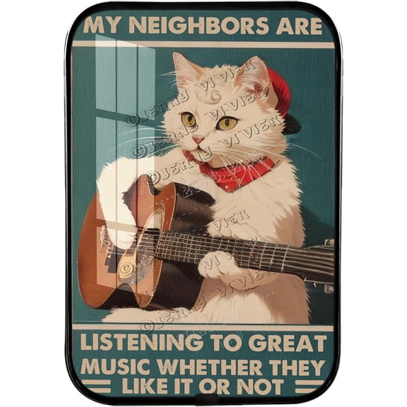 Funny White Cat Playing Guitar Framed Wooden Wall Art Man Cave Rustic Home Decor Garage Signs, My Neighbors are Listening to Great Music Sign Black Framed Art Ready to Hang 12x8 inches