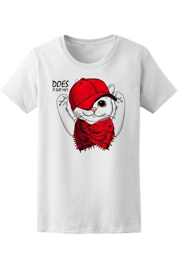 Funny White Cat With Red Cap T-Shirt Women -Image by Shutterstock, Female Large