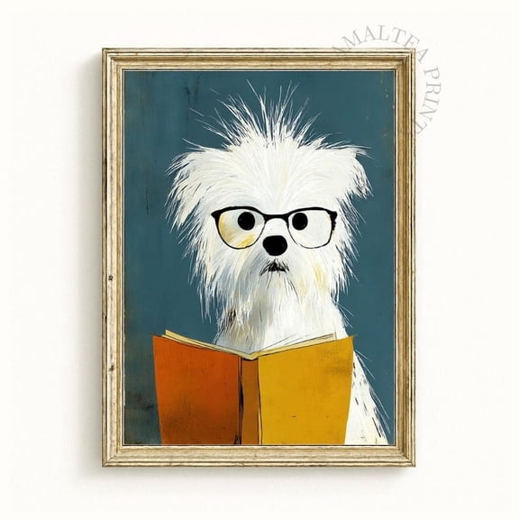 Funny White Dog Reading Book Poster – Cute Nerd Puppy Wall Art Print, Book Lover Room Decor 8x12 UNFRAMED