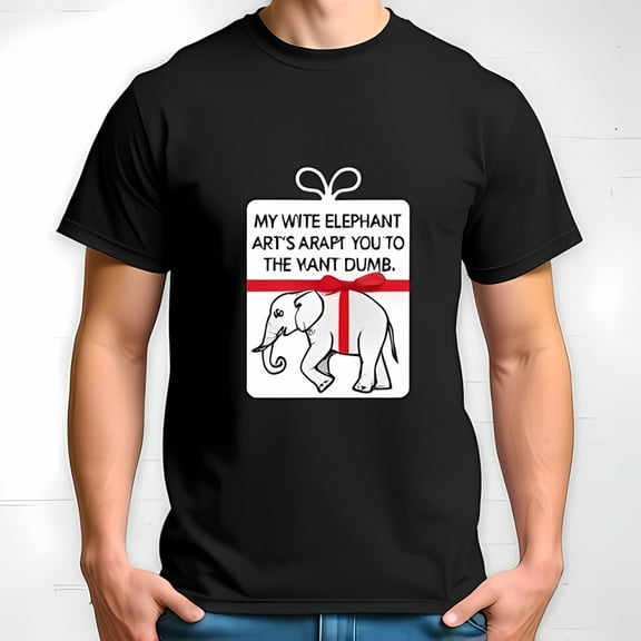 Funny White Elephant Gift T-Shirt - Cartoon Elephant in Box with Misspelled Text - Cotton Short Sleeve Tee