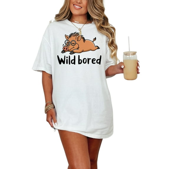 Funny Wild Boar T-Shirt, Cute Wild Boar Graphic Tee, Wild Bored Pun Shirt, Animal Lover Gift, Humorous Boar Cartoon T-Shirt, Unisex, White Comfort Colors T-Shirt, Medium