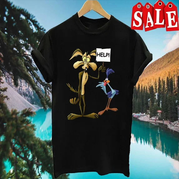 Funny Wile E Coyote and the Road Runner Help T Shirt S-5XL Black