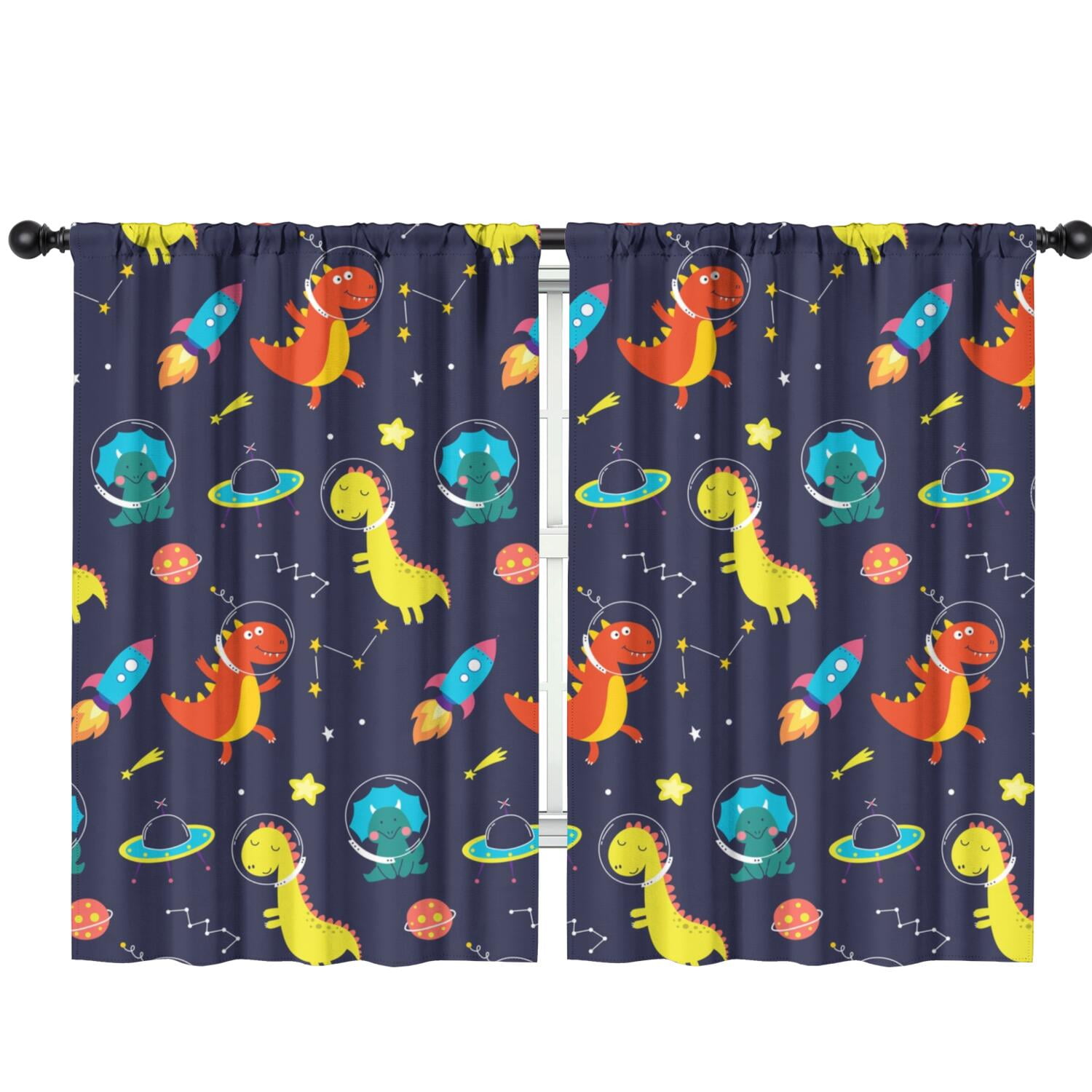 Funny Window Curtains for Kids Room - 42Wx63H Inch 2 Panels, Rod Pocket Colorful Cartoon Dinosaur Patterns for Boys Bedroom Decor Preschool Classroom Curtains Playroom Living Room Window Drapes