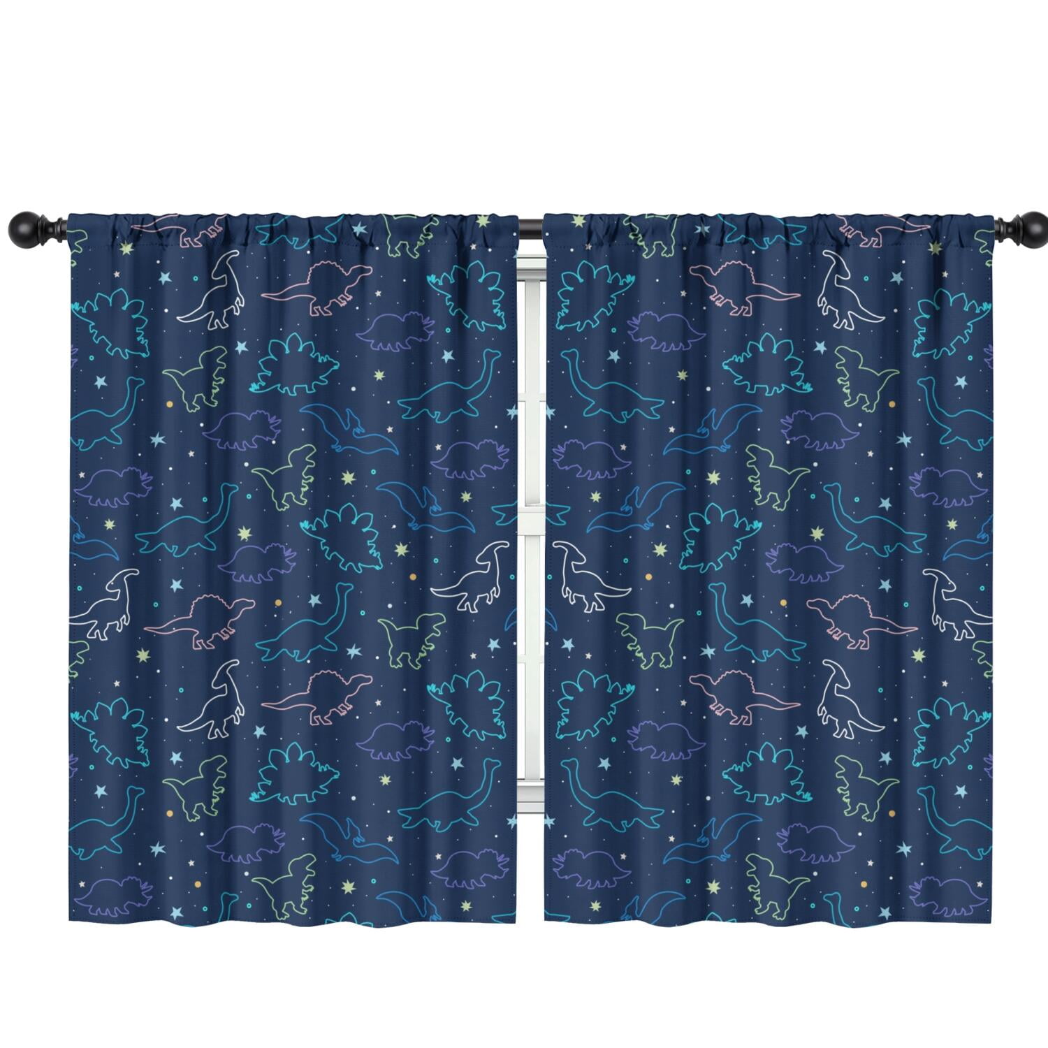 Funny Window Curtains for Kids Room - 42Wx63H Inch 2 Panels, Rod Pocket Colorful Cartoon Dinosaur Patterns for Boys Bedroom Decor Preschool Classroom Curtains Playroom Living Room Window Drapes
