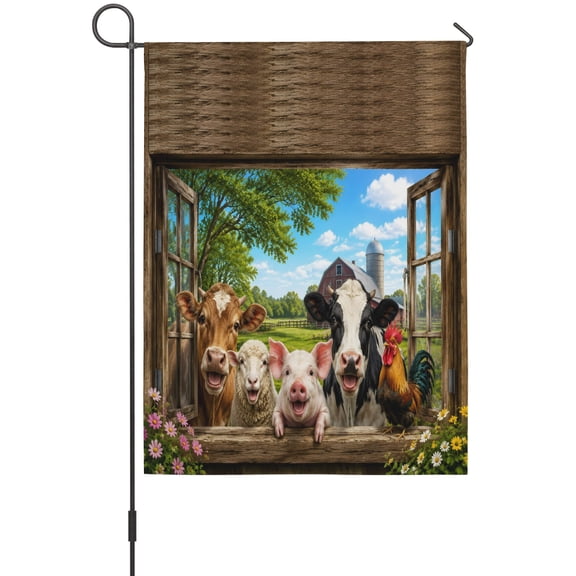 Funny Window View Garden Flag 12 x 18 Inches, Farmhouse Cow Pig Sheep Floral Barn Weather Proof Outdoor Patio Flags Double Sided Small Garden Decoration for Yard Outside Home