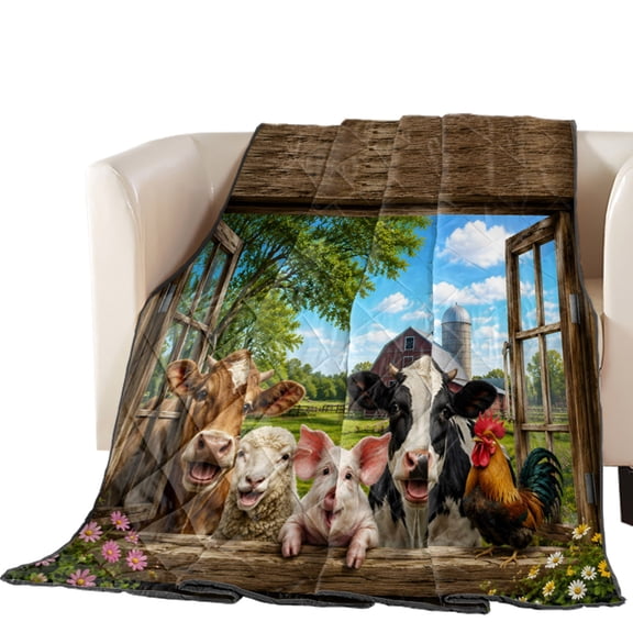 Funny Window View Quilted Comforters Cooling Blanket Oversized King Size, Farmhouse Cow Pig Sheep Floral Barn Cold Comfort for Hot Sleepers Lightweight Air Conditioning Quilt Blanket for Bed
