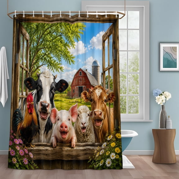 Funny Window View Shower Curtain Set with Hooks, Farmhouse Cow Pig Sheep Floral Barn Water Repellent Sturdy Shower Curtains for Bathroom Decoration, Machine Washable 36x72 Inch