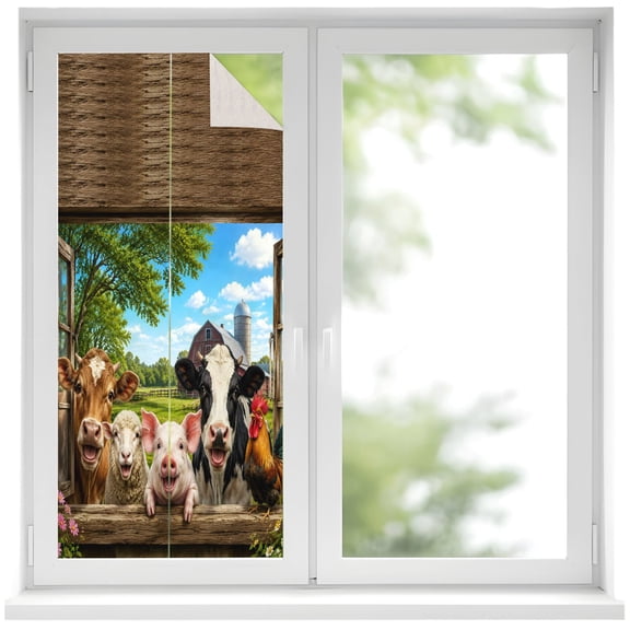 Funny Window View Window Privacy Film, Farmhouse Cow Pig Sheep Floral Barn Frosted Glass Window Clings Static Cling UV Heat Blocking Reusable Door Sticker for Bathroom 17.7 x 39.3 Inch