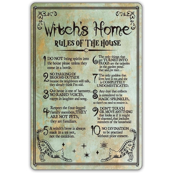 Funny Witch Home Rules Metal Tin Wall Sign, Retro Do Not Bring Spirits Into the House Decor Plaque for Home Bar or Entryway