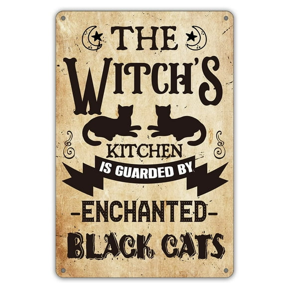 Funny Witch Kitchen Quote Metal Aluminum Sign Wall Decor, Retro the Witch’s Kitchen is Guarded By Enchanted Black Cats Sign for Home Size: 16 x 12 Inches