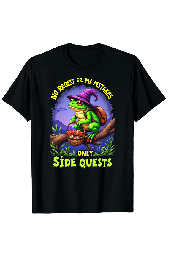 Funny Wizard Frog Mushroom Graphic Tee Retro Cottagecore Gamer Side Quests Unisex T-Shirt