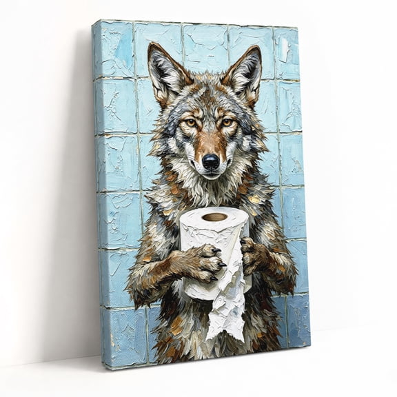 Funny Wolf Holding Toilet Paper Gallery Wrapped Canvas Wall Art - 12x18in