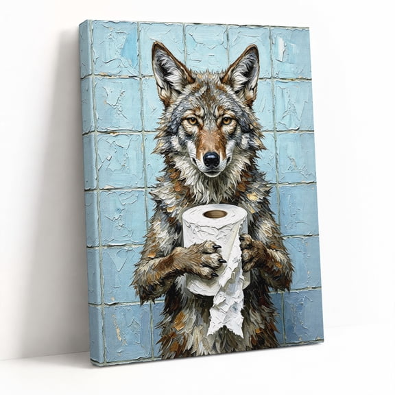 Funny Wolf Holding Toilet Paper Painting Canvas Wall Art - 8x10in