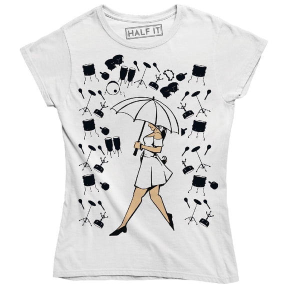 Funny Woman Walking With Umbrella Percussion Instruments Rain T-Shirt