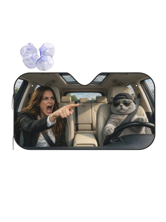 Funny Woman Yelling at Cat Meme Car Sunshade - Windshield UV Protection Heat Shield for Truck SUV - Universal Foldable Auto Interior Visor - Fun Gift