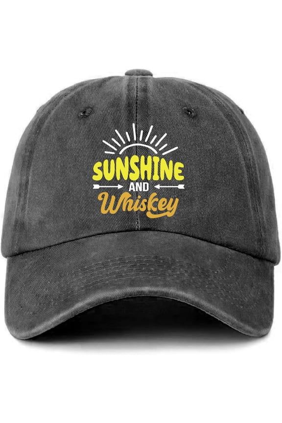 Funny Women's Distressed Washed Black Baseball Cap Sunshine and Whiskey Printed Cap