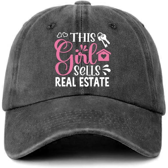Funny Women's Distressed Washed Black Baseball Caps This Girl Sells Real Estate Printed Hats