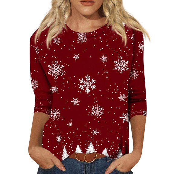 Funny Womens Christmas Shirts Snowflake Print Stretchy 3/4 Length Sleeve Tops Crewneck Dressy Plus Size Tees Holiday Casual Blouse Wine,XL