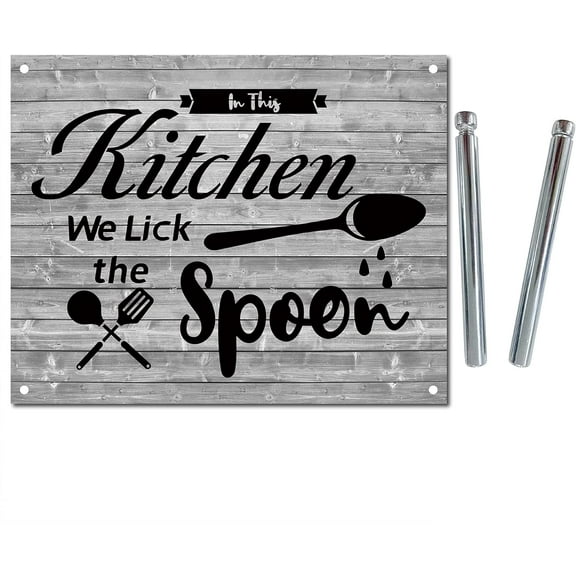 Funny Wood Sign Kitchen Wooden Signs Table Sign Hanging Plaque Board Tabletop Rustic Wall Decor Farmhouse for House Restaurant Decorations 9.8 x 7.9inch- in This Kitchen We Lick The Spoon Gray