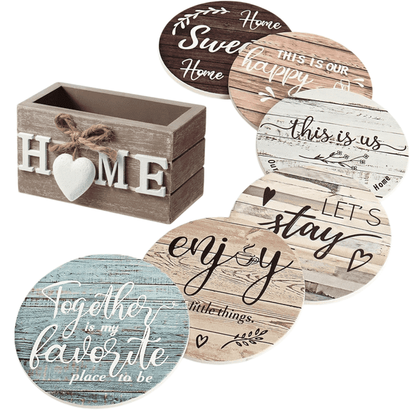 Funny Wooden Coasters Set of 6 with Holder, 4'' Farmhouse Drink Coasters for Tabletop Protection, New Home Housewarming Gifts for Coffee Bar, Rust