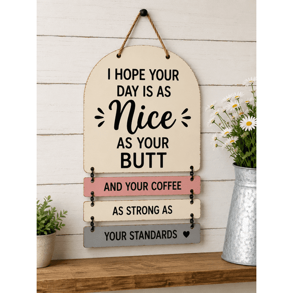 Funny Wooden Hanging Wall Sign with Humorous Quote, Rustic Farmhouse Wall Decor Plaque with Hanging Rope and Decorative Panels for Home, Kitchen, Coffee Bar and Office