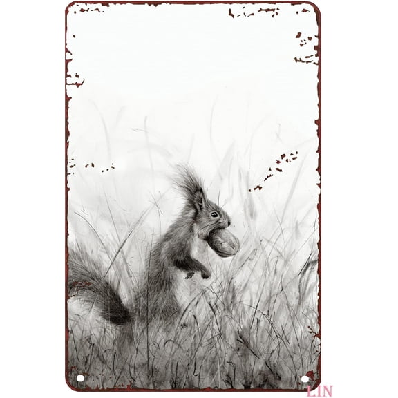 Funny Woodland Squirrel Metal Tin Sign, Black and White Vintage Wall Decor for Home Bedroom Office Kitchen, 8 x 12 Inch