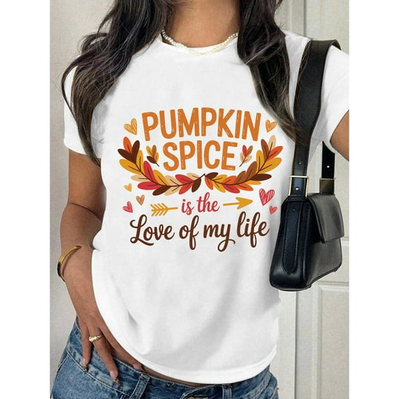 Funny Word Printed Tops,"PUMPKIN SPICE.."Text and Leafs Printed,Fashion T Shirt,Crew Cotton Neck,Summer Tees,Size(S-5XL)