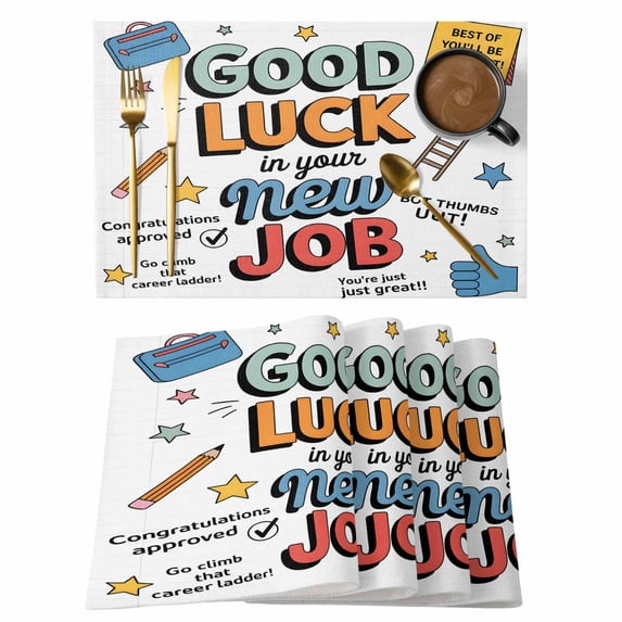 Funny Words Placemats Set of 12, Cartoon Orange Blue Luck Placemats for Dining Table, Place Mats for Kitchen Tabletop, Waterproof Wipeable Dining Table Mats Set