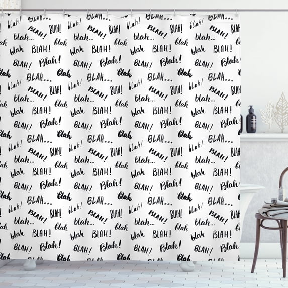 Funny Words Shower Curtain, Blah Blah Words in Hand Written Style Nonsense Expression Discussion Theme, Fabric Bathroom Set with Hooks, 69W X 75L Inches Long, Black and White, by Ambesonne