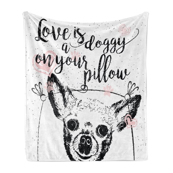Funny Words Soft Flannel Fleece Blanket, Love Words About Dogs Friendly Puppy with Hearts Grungy Calligraphy, Cozy Plush for Indoor and Outdoor Use, 60" x 80", Black White and Blush, by Ambesonne