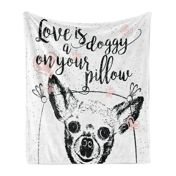 Funny Words Soft Flannel Fleece Blanket, Love Words About Dogs Friendly Puppy with Hearts Grungy Calligraphy, Cozy Plush for Indoor and Outdoor Use, 50" x 70", Black White and Blush, by Ambesonne