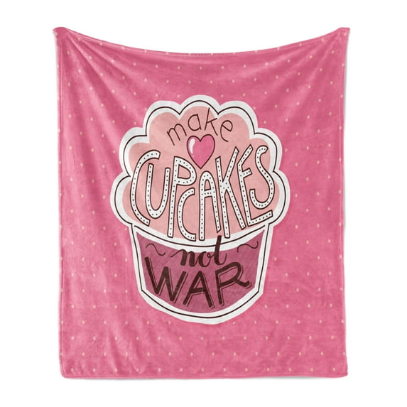 Funny Words Soft Flannel Fleece Throw Blanket, Make Cupcakes Lettering on Yummy Pastry and Polka Dots, Cozy Plush for Indoor and Outdoor Use, 70" x 90", Pink Dried Rose Peach, by Ambesonne