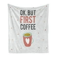 thumbnail image 1 of Funny Words Soft Flannel Fleece Throw Blanket, OK but First Coffee Words Mug with a Heart Shape on Polka Dotted Background, Cozy Plush for Indoor and Outdoor Use, 70" x 90", Multicolor, by Ambesonne, 1 of 5